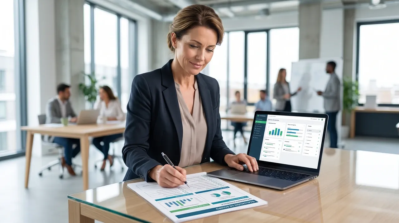 Ejecutiva trabajando con plantillas de prompts de inteligencia artificial para la gestión de su empresa