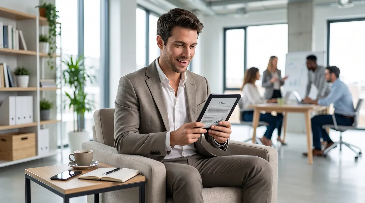 Directivo leyendo una guía de estrategia empresarial e IA aplicada para empresas en una tableta